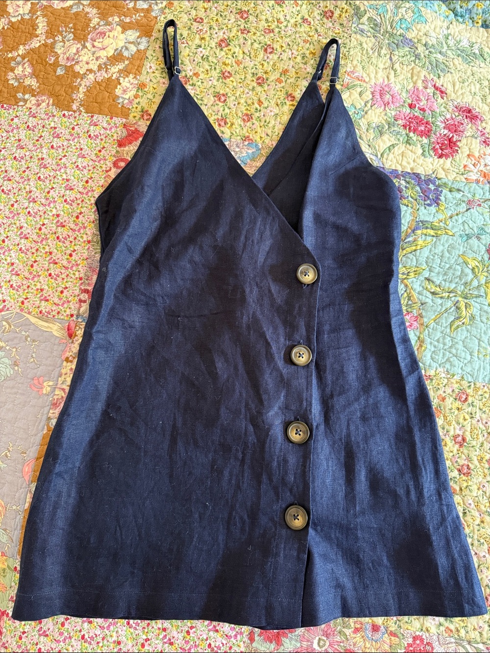 Reformation Navy Button-Front Linen Dress